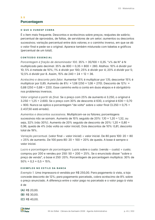 Página 41 do kit: Matemática, porcentagem, o que a Vunesp cobra e conteúdo essencial